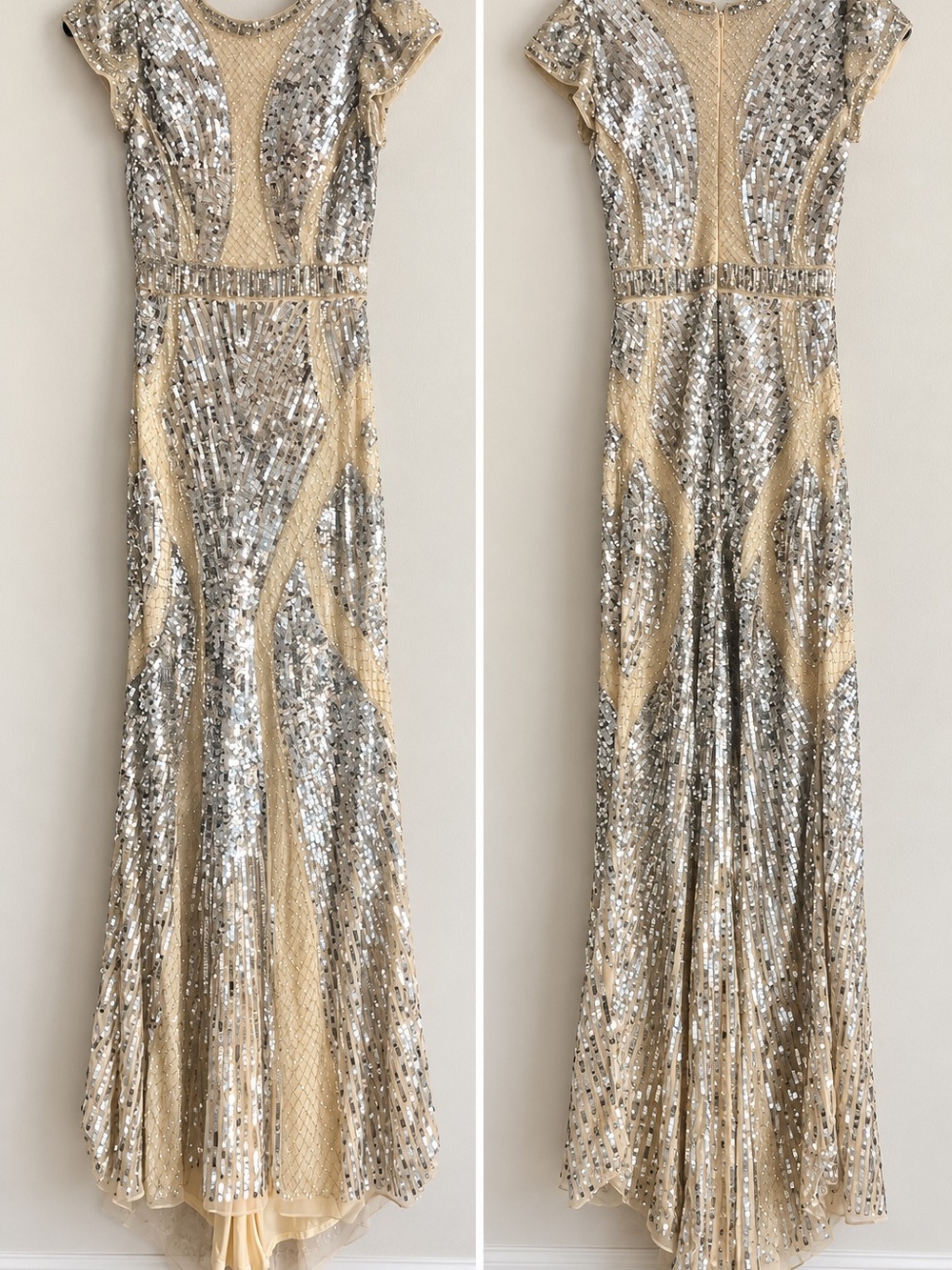 Mac Duggal Silver and Gold Sequin Evening Gown